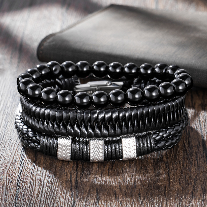 Street Luxury 3pcs Stainless Steel Bangle Leather & Beaded Bracelet - Image 3