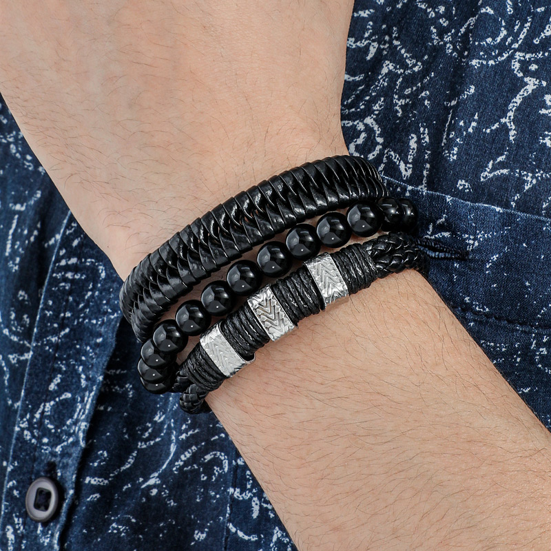 Street Luxury 3pcs Stainless Steel Bangle Leather & Beaded Bracelet - Image 4