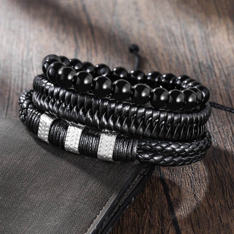 Street Luxury 3pcs Stainless Steel Bangle Leather & Beaded Bracelet - Image 5