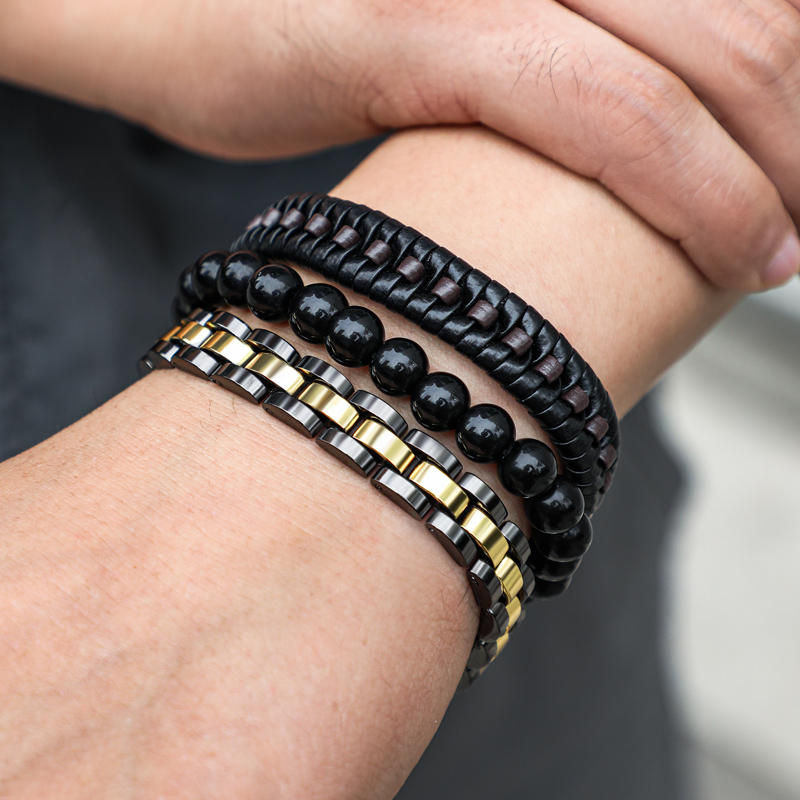 Bold 3pcs Mix Braid Leather & Two-tone Stainless Steel Beads Bracelet - Image 3