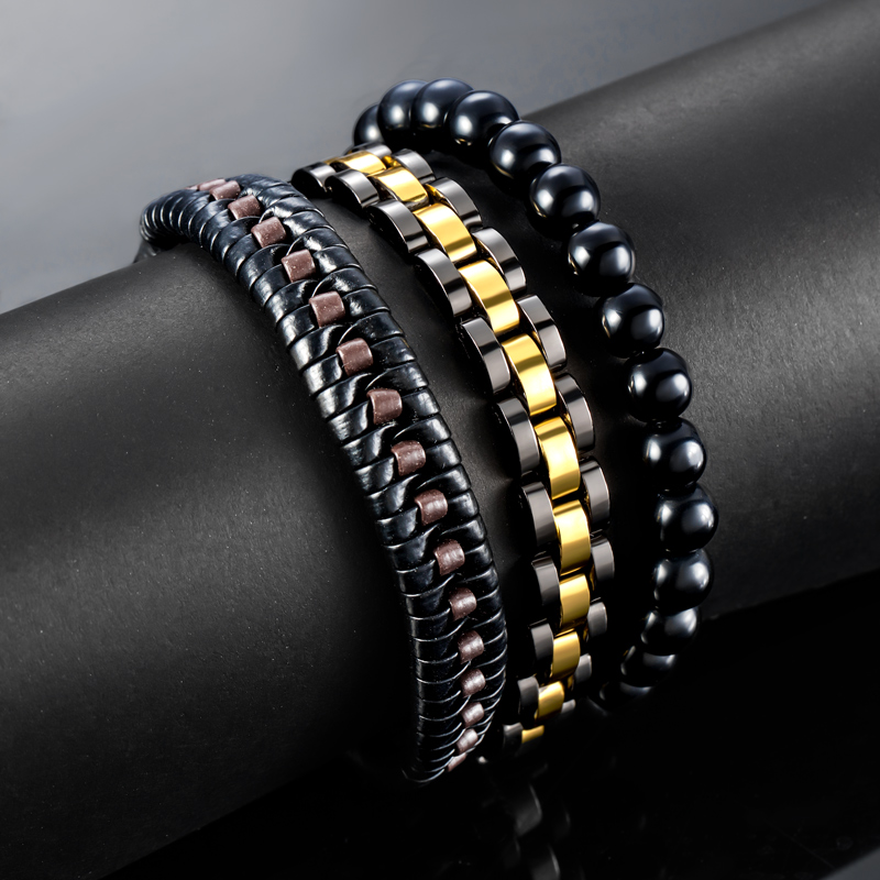 Bold 3pcs Mix Braid Leather & Two-tone Stainless Steel Beads Bracelet - Image 4
