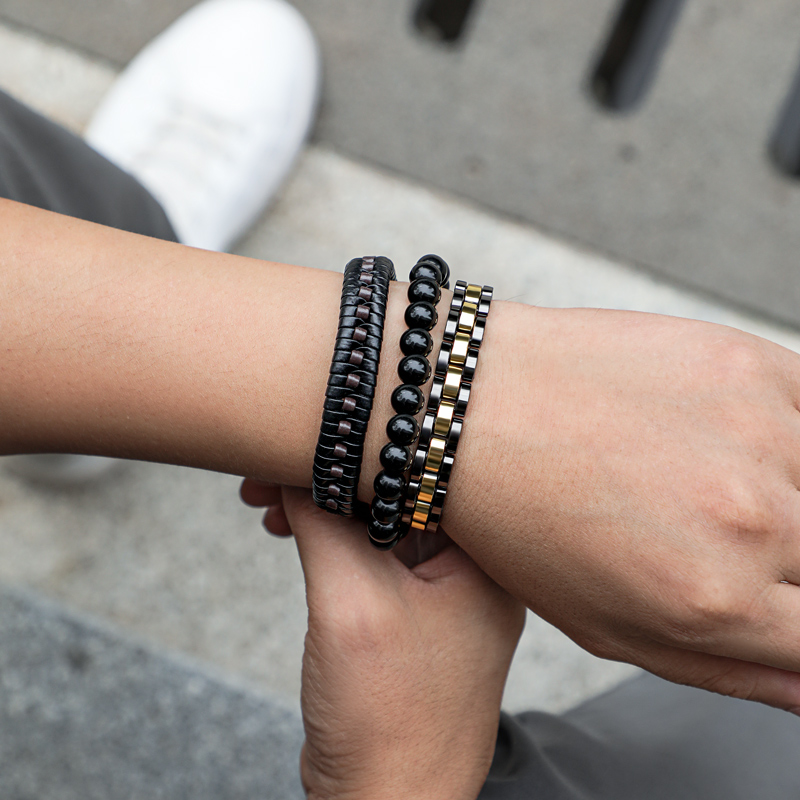 Bold 3pcs Mix Braid Leather & Two-tone Stainless Steel Beads Bracelet - Image 5