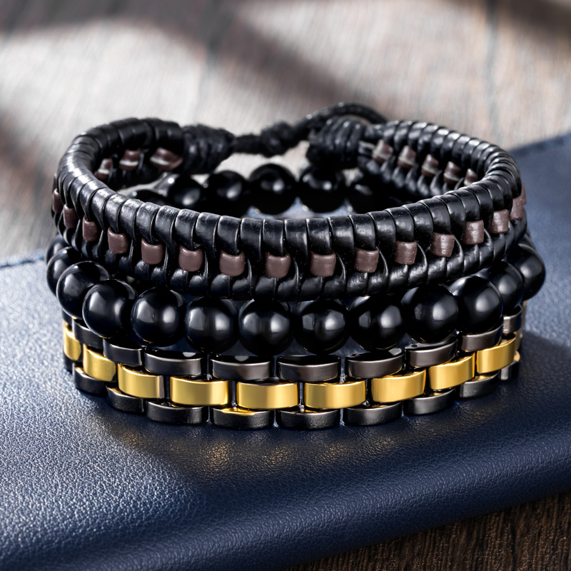 Bold 3pcs Mix Braid Leather & Two-tone Stainless Steel Beads Bracelet