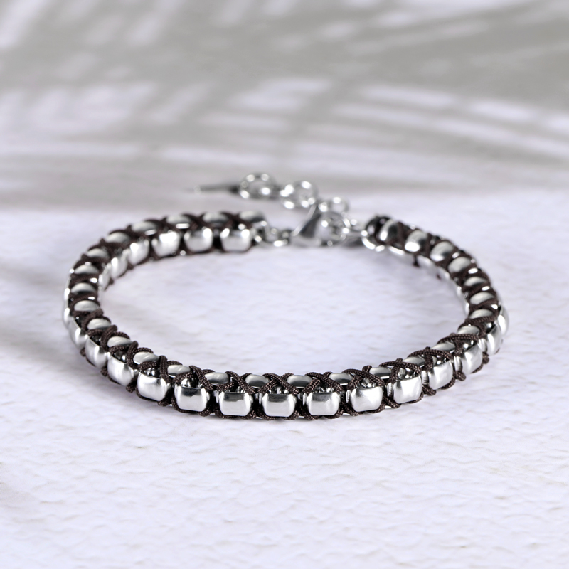 Blue/brown Handmade Braided Round Box Chain Bracelet Silver - Image 3