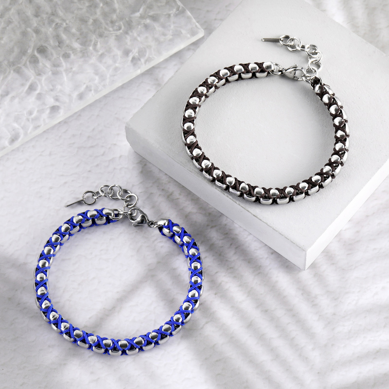 Blue/brown Handmade Braided Round Box Chain Bracelet Silver - Image 7