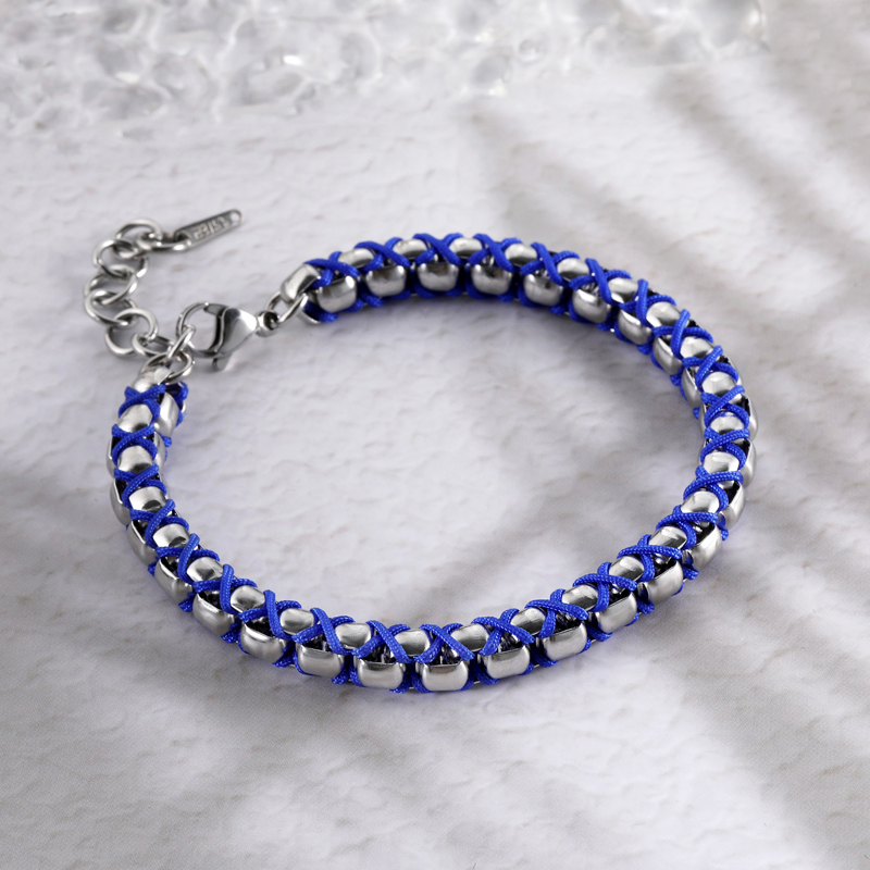 Blue/brown Handmade Braided Round Box Chain Bracelet Silver