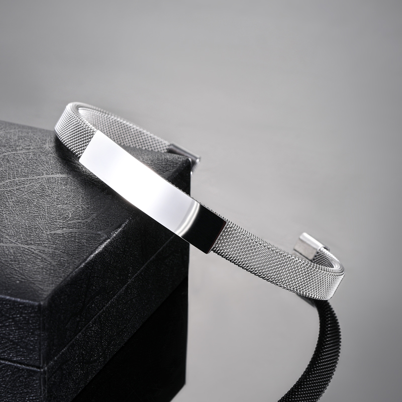 8mm Minimalist Engraved Stainless Steel Cuff Bracelet Silver - Image 4