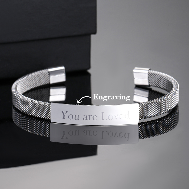 8mm Minimalist Engraved Stainless Steel Cuff Bracelet Silver