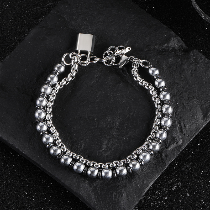 Steel Beads & Round Box Layered Bracelet With Lock With Street Luxury Shine