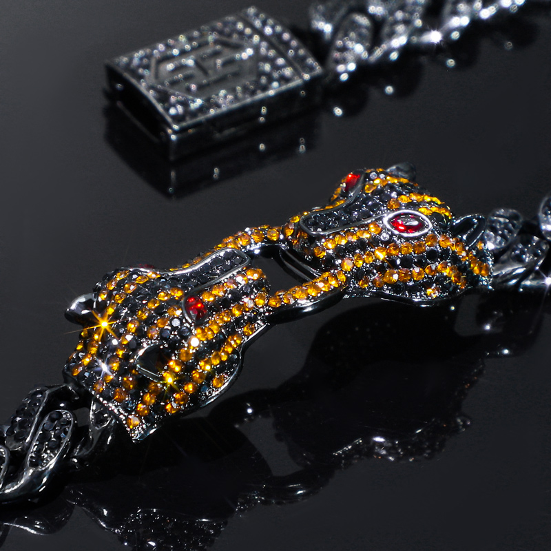 Bold Iced Out Double Orange Panther Cuban Bracelet In 18k Black Gold - Image 3