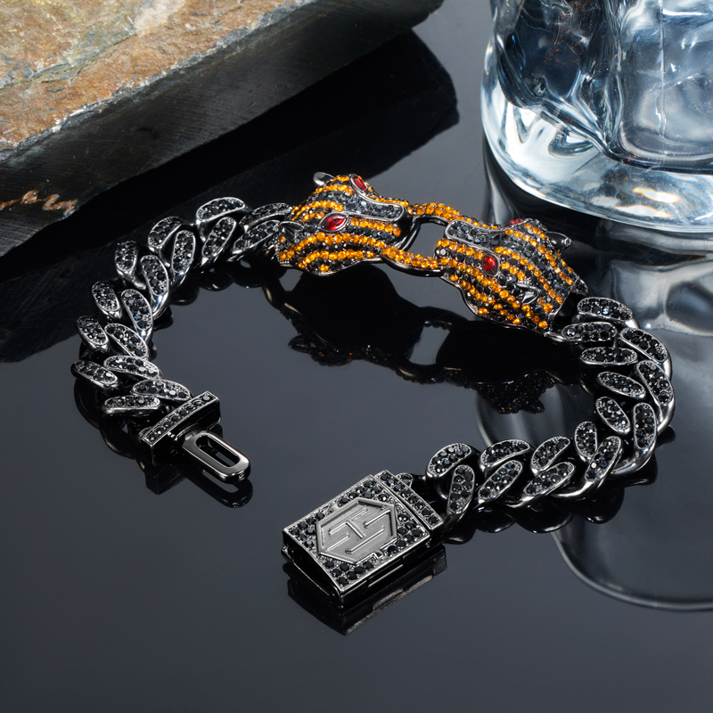 Bold Iced Out Double Orange Panther Cuban Bracelet In 18k Black Gold - Image 5