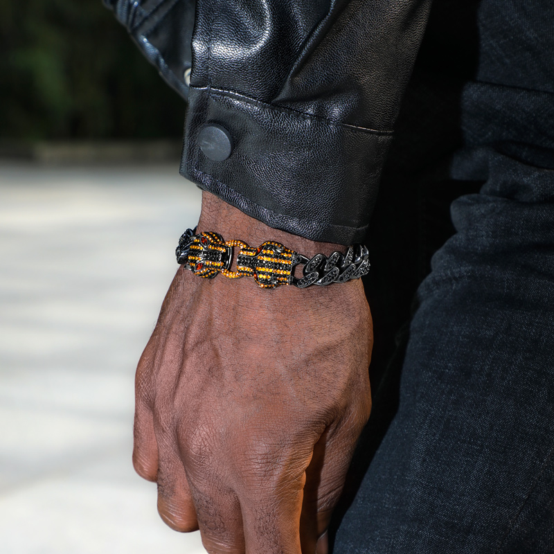 Bold Iced Out Double Orange Panther Cuban Bracelet In 18k Black Gold - Image 6