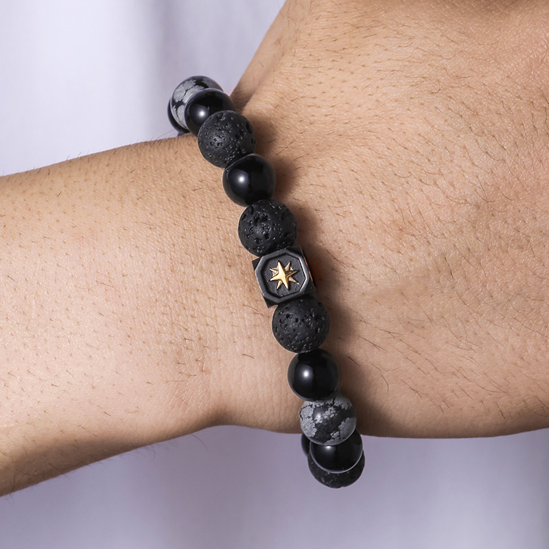Hexagram Planet Volcanic Stone & Alabaster Beaded Power Bracelet Silver