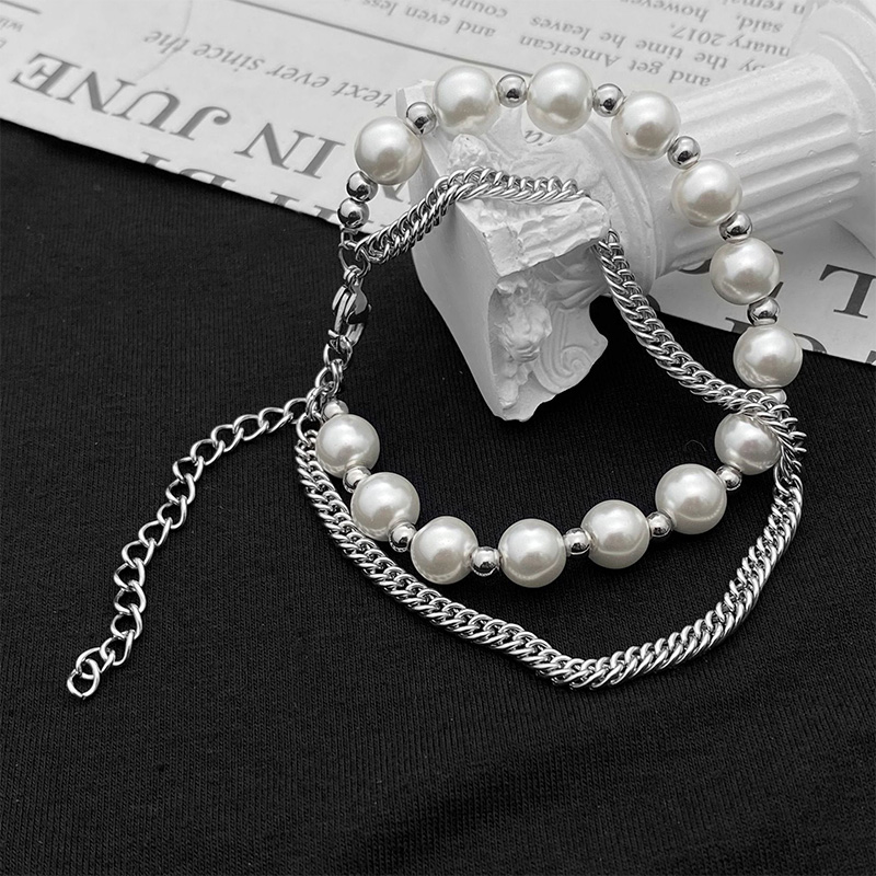 Pearl Stainless Steel Cuban Chain Layer Bracelet With Street Luxury Shine - Image 3