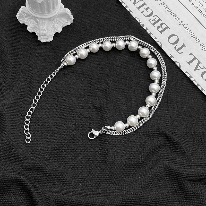 Pearl Stainless Steel Cuban Chain Layer Bracelet With Street Luxury Shine - Image 4