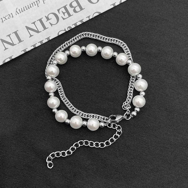 Pearl Stainless Steel Cuban Chain Layer Bracelet With Street Luxury Shine