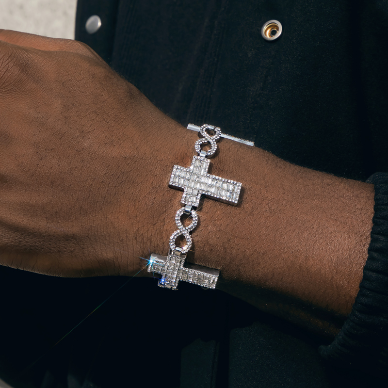 10mm 8 Baguette Cross Infinity Bracelet In White Gold With Gold Shine