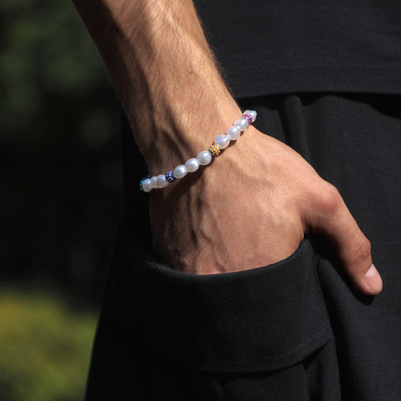 Irregular Pearls & Iced Out Multi-colour Ball Bracelet Silver - Image 4