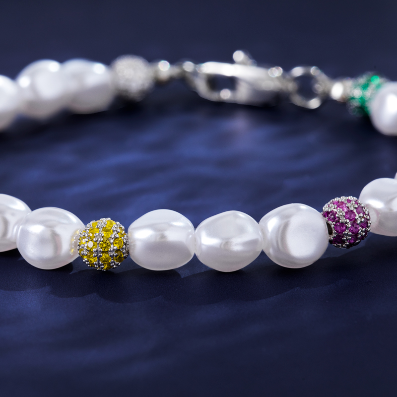 Irregular Pearls & Iced Out Multi-colour Ball Bracelet Silver - Image 5