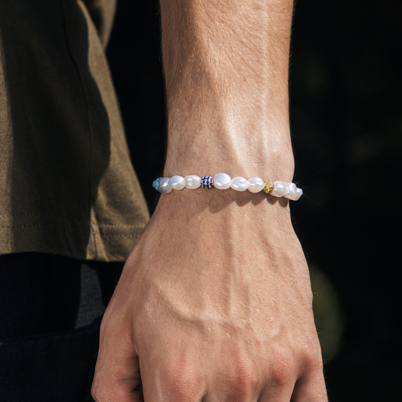 Irregular Pearls & Iced Out Multi-colour Ball Bracelet Silver - Image 6