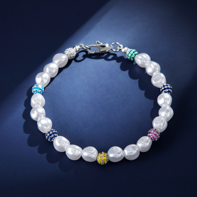 Irregular Pearls & Iced Out Multi-colour Ball Bracelet Silver