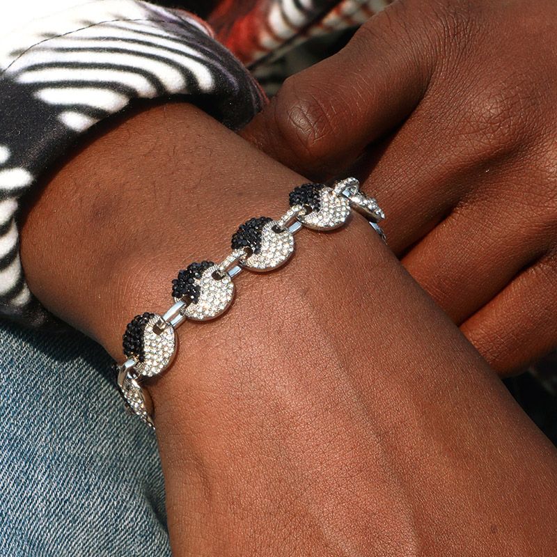 12mm 8 Iced Out Yin Yang Link Bracelet In White Gold With Gold Shine