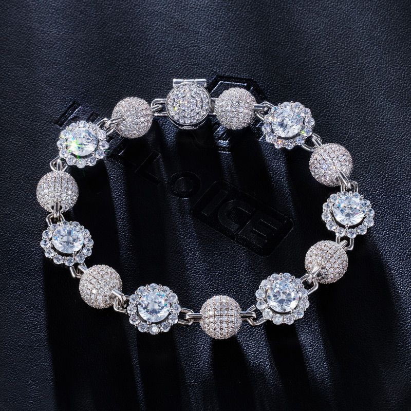 12mm 8 Full Paved Ball And Halo Mix Link Bracelet In White Gold Iced Out