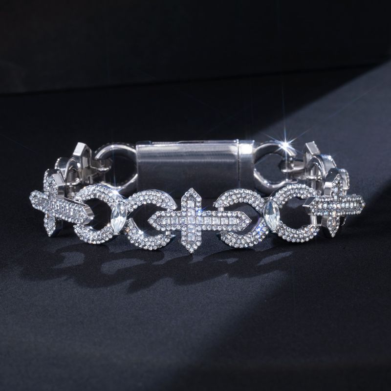 Street Luxury Baguette Cut Cross With Infinity Link Bracelet In White Gold - Image 3