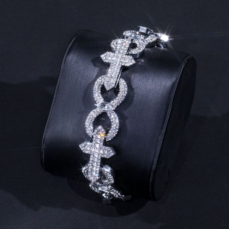 Street Luxury Baguette Cut Cross With Infinity Link Bracelet In White Gold - Image 4