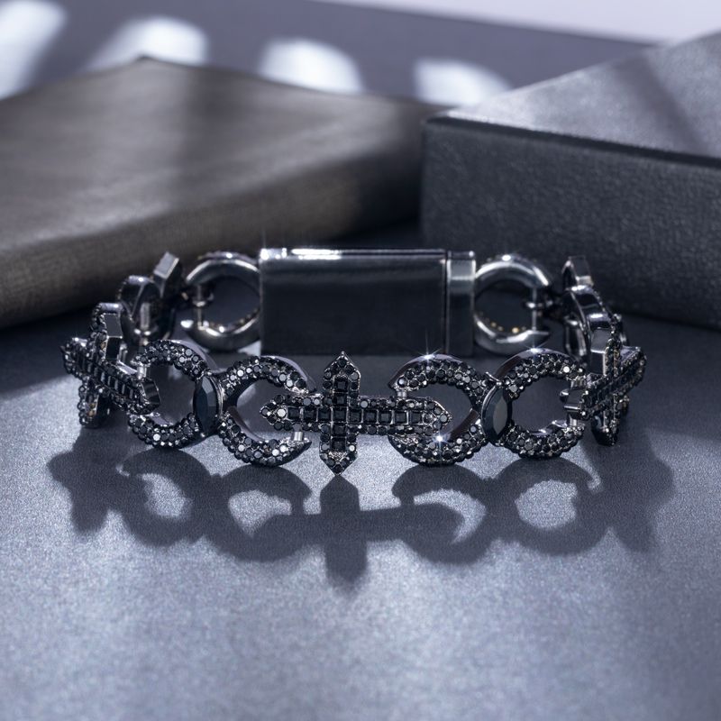 Street Luxury Baguette Cut Cross With Infinity Link Bracelet In Black Gold - Image 3