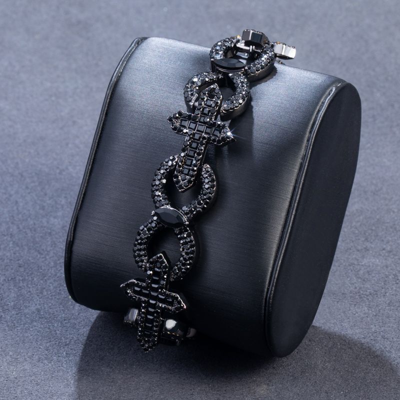 Street Luxury Baguette Cut Cross With Infinity Link Bracelet In Black Gold - Image 4