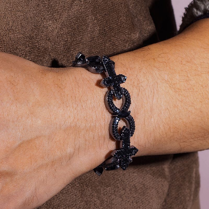 Street Luxury Baguette Cut Cross With Infinity Link Bracelet In Black Gold