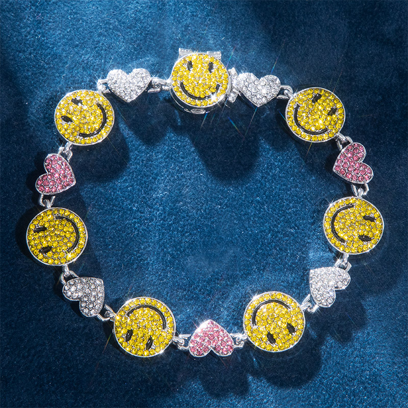 Smile Face & Heart Link Bracelet In White Gold With Street Luxury Shine - Image 3