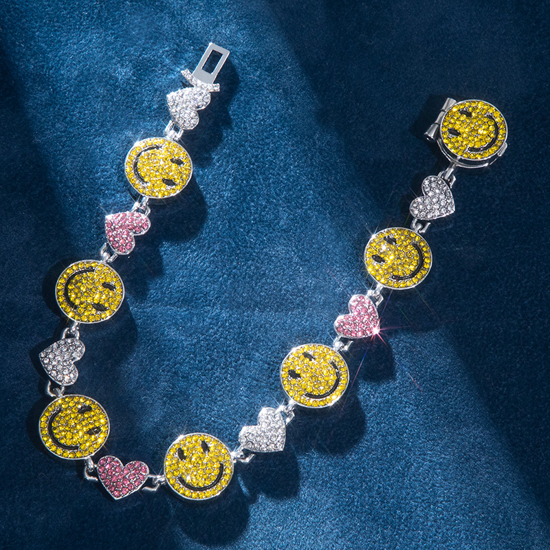 Smile Face & Heart Link Bracelet In White Gold With Street Luxury Shine - Image 4