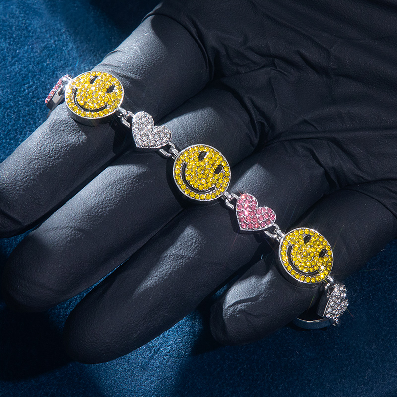 Smile Face & Heart Link Bracelet In White Gold With Street Luxury Shine - Image 6