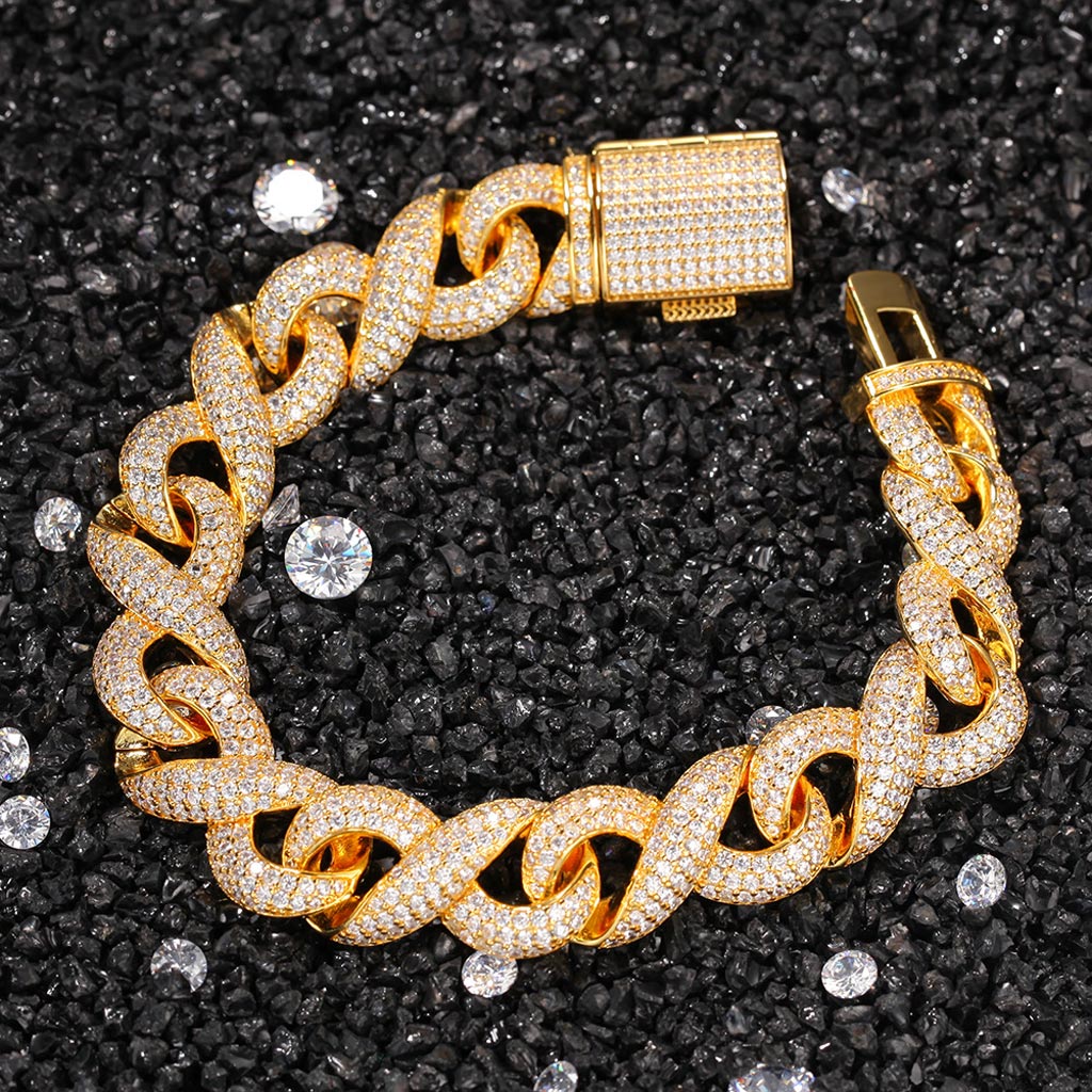 15mm Iced Out Infinity Bracelet With Box Clasp In Gold With Gold Shine