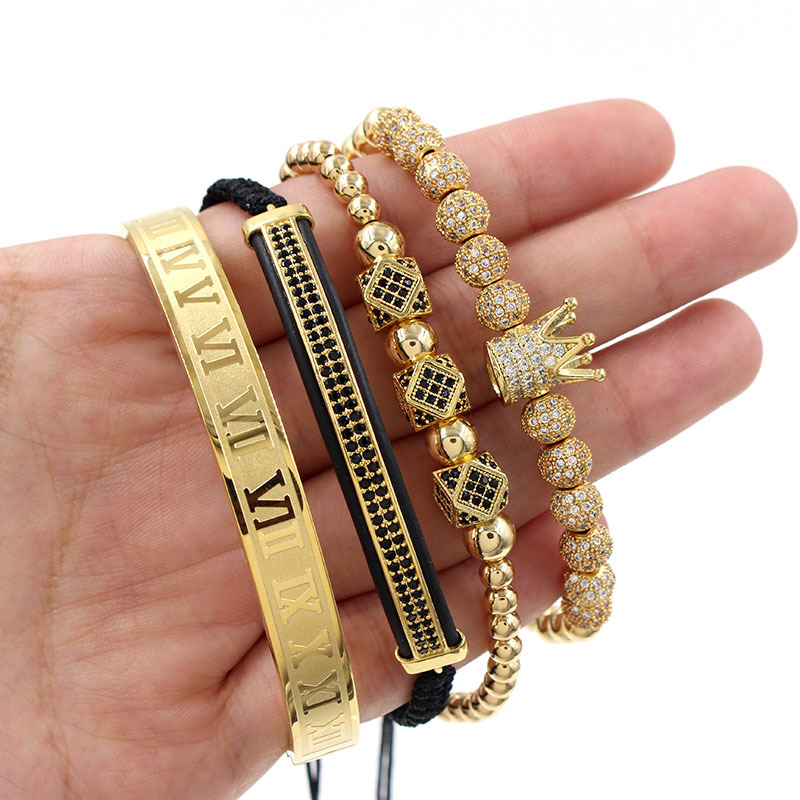 4pcs Iced Out Crown Copper Beads And Roman Number Steel Bracelet Set In - Image 3