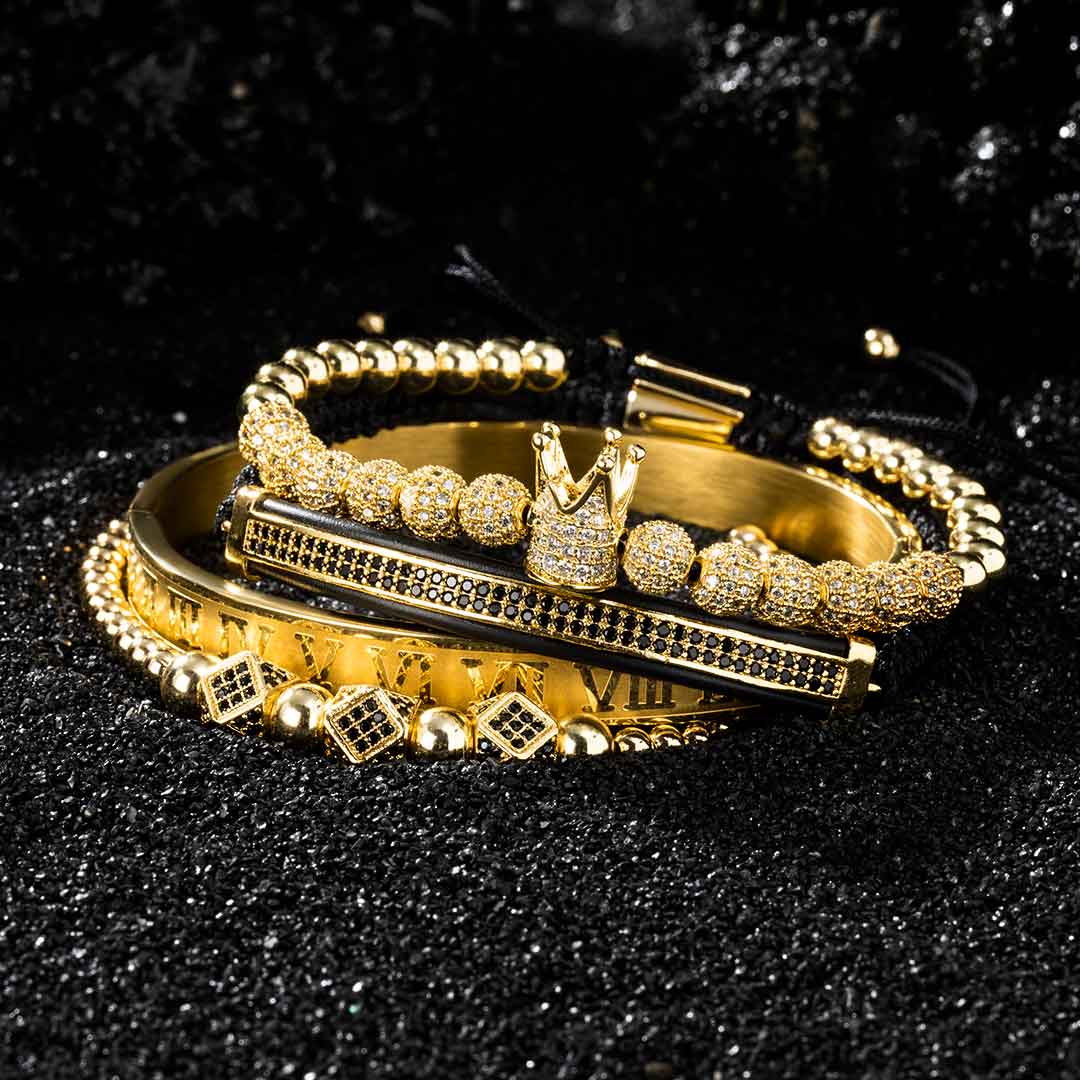 4pcs Iced Out Crown Copper Beads And Roman Number Steel Bracelet Set In - Image 4