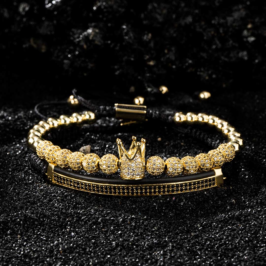 4pcs Iced Out Crown Copper Beads And Roman Number Steel Bracelet Set In - Image 6