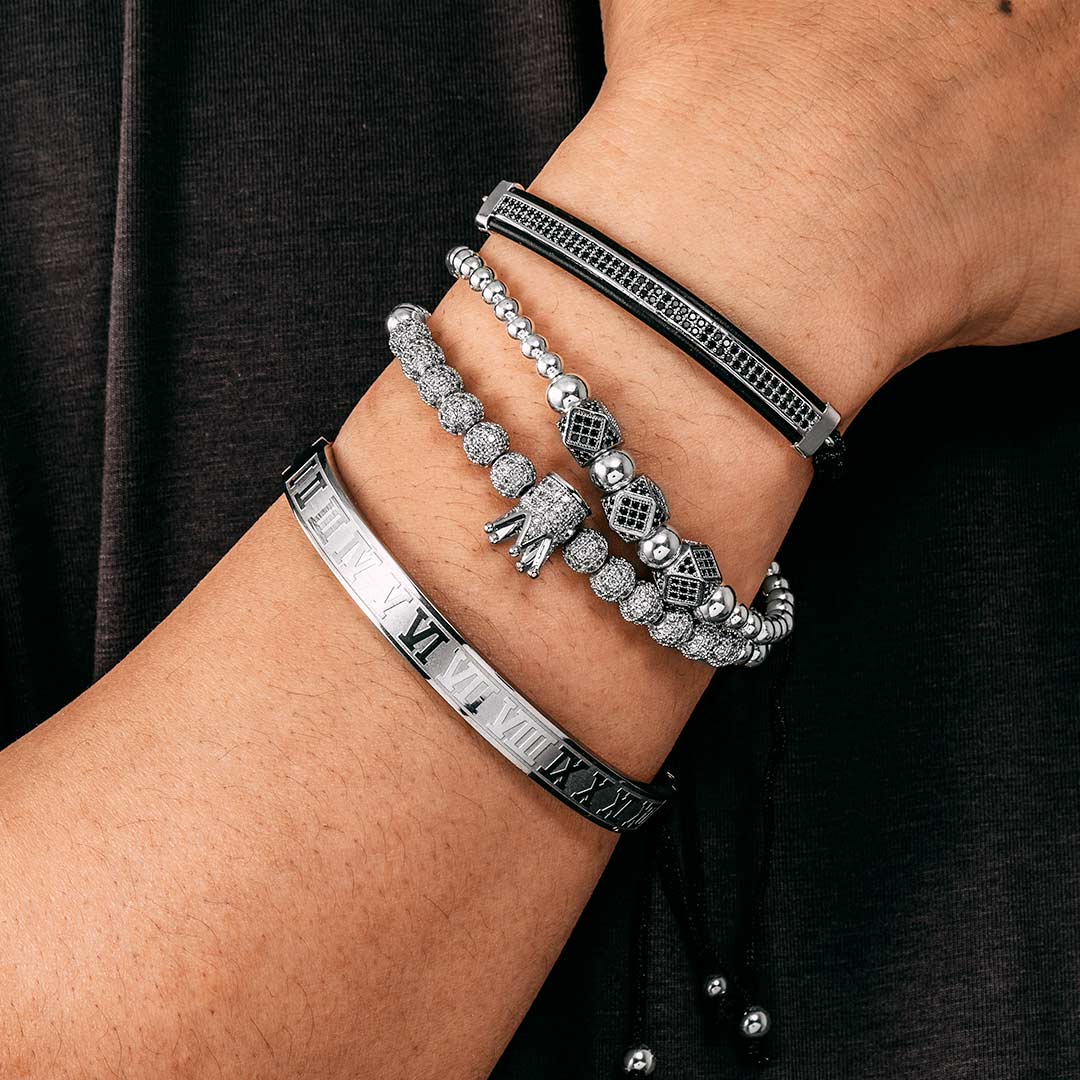 4pcs Iced Out Crown Copper Beads And Roman Number Steel Bracelet Set In - Image 3