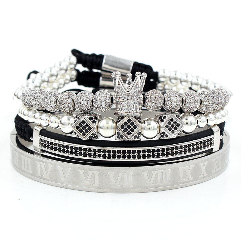 4pcs Iced Out Crown Copper Beads And Roman Number Steel Bracelet Set In - Image 4
