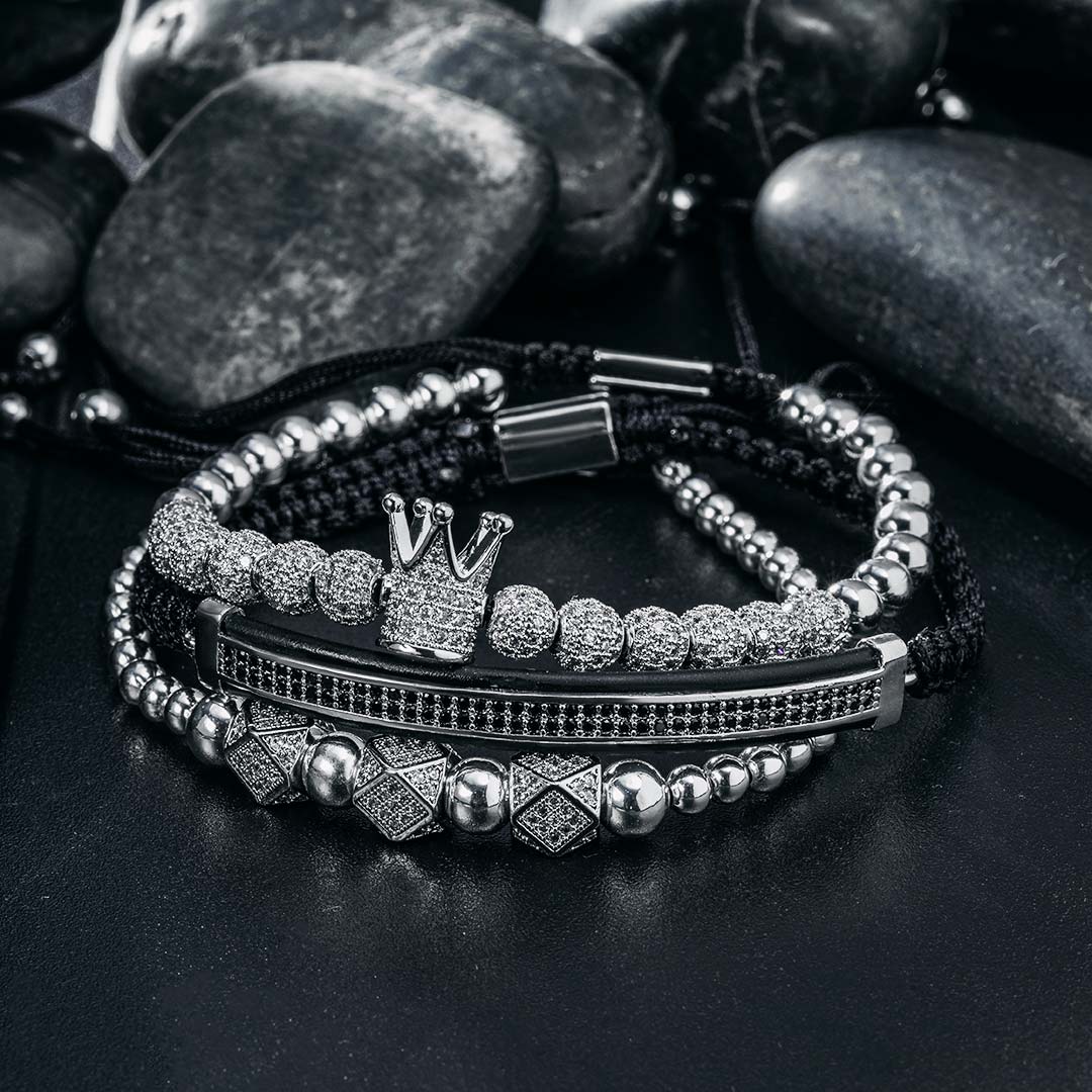 Bold 3pcs Iced Out Crown Copper Beads Steel Bracelet Set In White Gold - Image 3