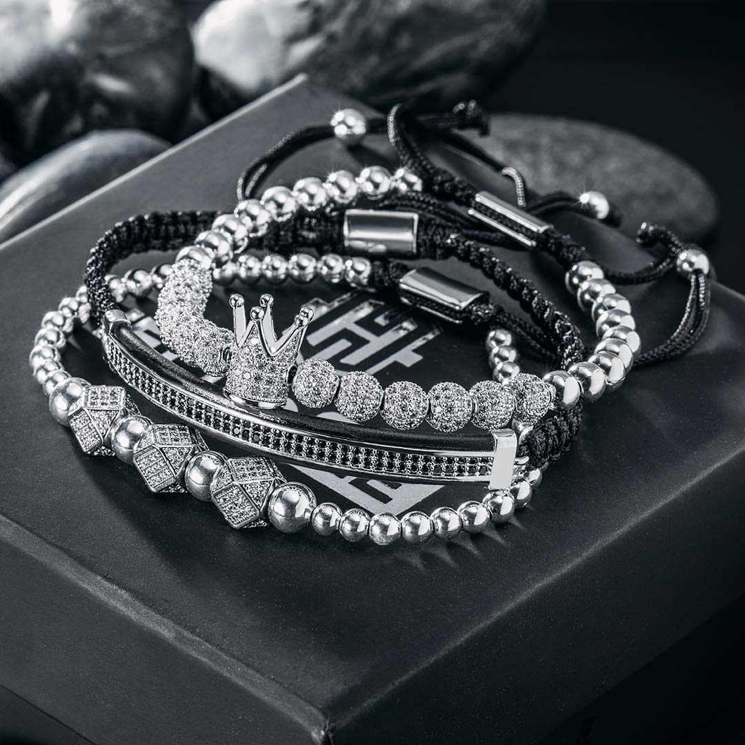 Bold 3pcs Iced Out Crown Copper Beads Steel Bracelet Set In White Gold - Image 4