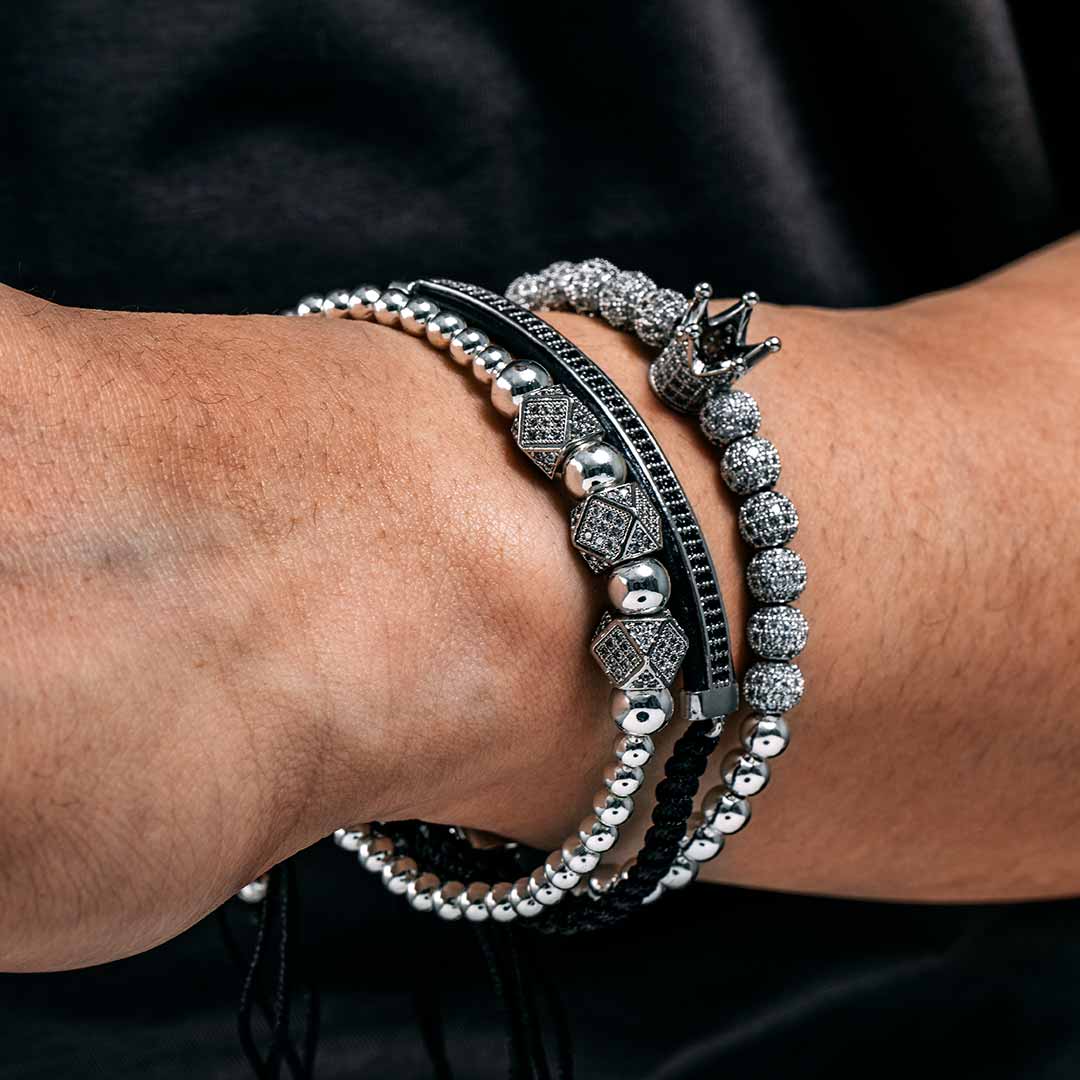 Bold 3pcs Iced Out Crown Copper Beads Steel Bracelet Set In White Gold - Image 5