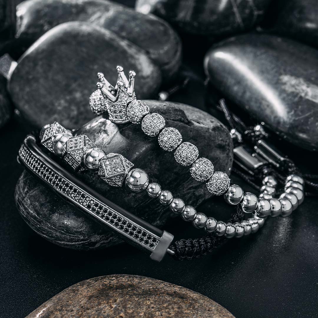 Bold 3pcs Iced Out Crown Copper Beads Steel Bracelet Set In White Gold - Image 6