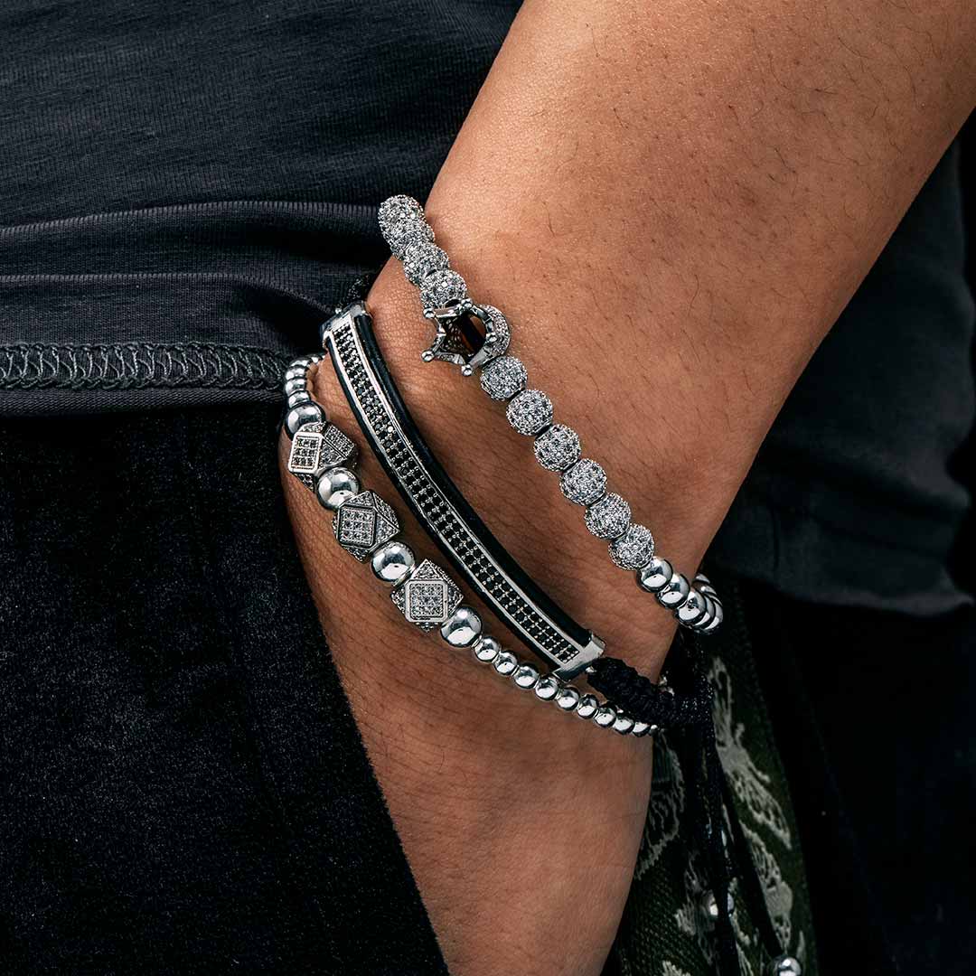 Bold 3pcs Iced Out Crown Copper Beads Steel Bracelet Set In White Gold