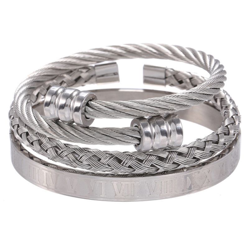 3pcs Braid Steel Wire Open Bracelet With Roman Numbers Bracelet Set Silver - Image 3