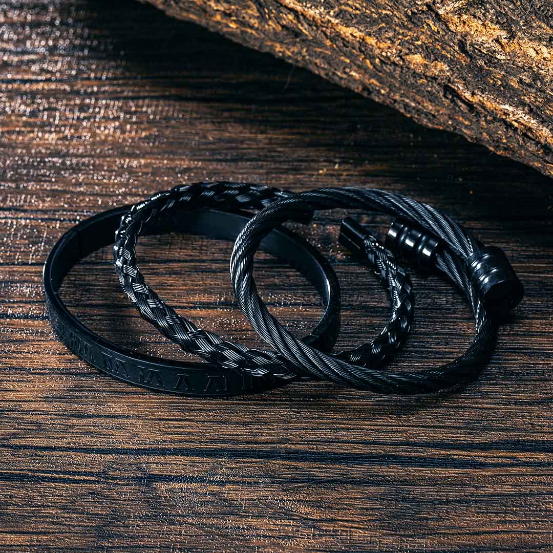 3pcs Braid Steel Wire Open Bracelet With Roman Numbers Bracelet Set Silver - Image 5