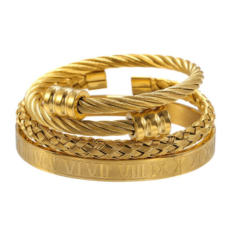 3pcs Braid Steel Wire Open Bracelet With Roman Numbers Bracelet Set Silver - Image 7