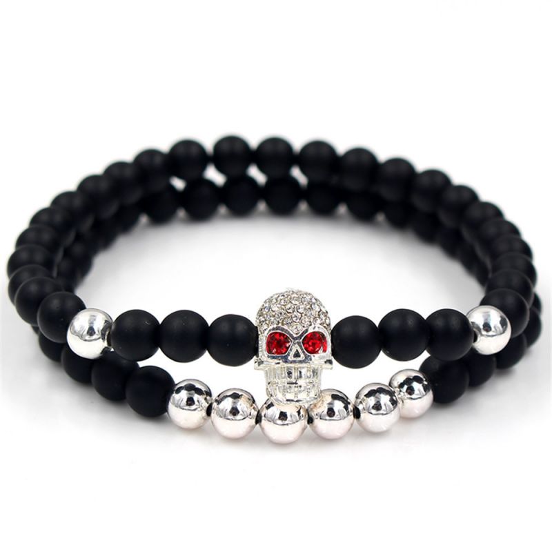 2pcs Black Frosted & Copper Beads Skull Bracelet With Street Luxury Shine - Image 3